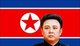Korea: Pictures of Kim Jong-il, head and shoulders, set against the flag of North Korea (DPRK)