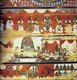 Top - A scene from the life of Rishabhadeva: Saudharmendra dances on seeing the Samavasarana.<br/><br/>

Centre - Scenes from the life of Vardhamāna (Mahāvīra). King Siddhārta and his wife Priyakārinī: Priyakārinī dreams (left) and then tells the dream to Siddhārta (right).<br/><br/>

Bottom - Sachī, wife of Saudharmendra taking the child (Vardhamāna) for janmābhisheka.